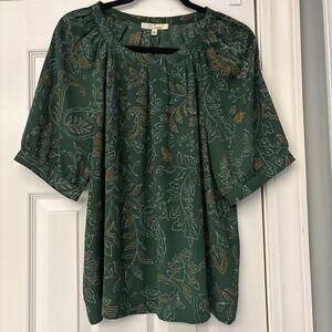La Serein Women’s Size Large 1/2  Sleeve Tunic - Green Floral. Puff Sleeve.